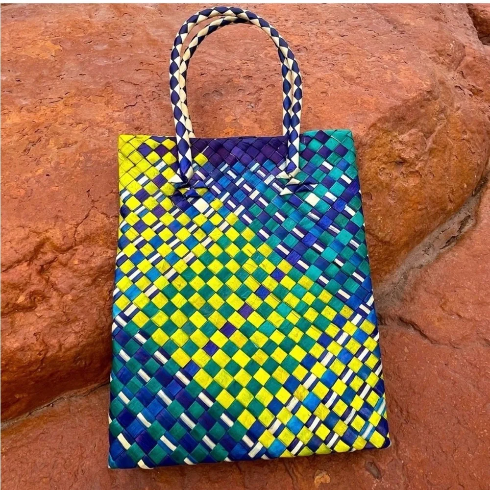 3 Hand Woven Mini Tote Bags Handwoven Wicker Boho Mini Market Lunch Bag